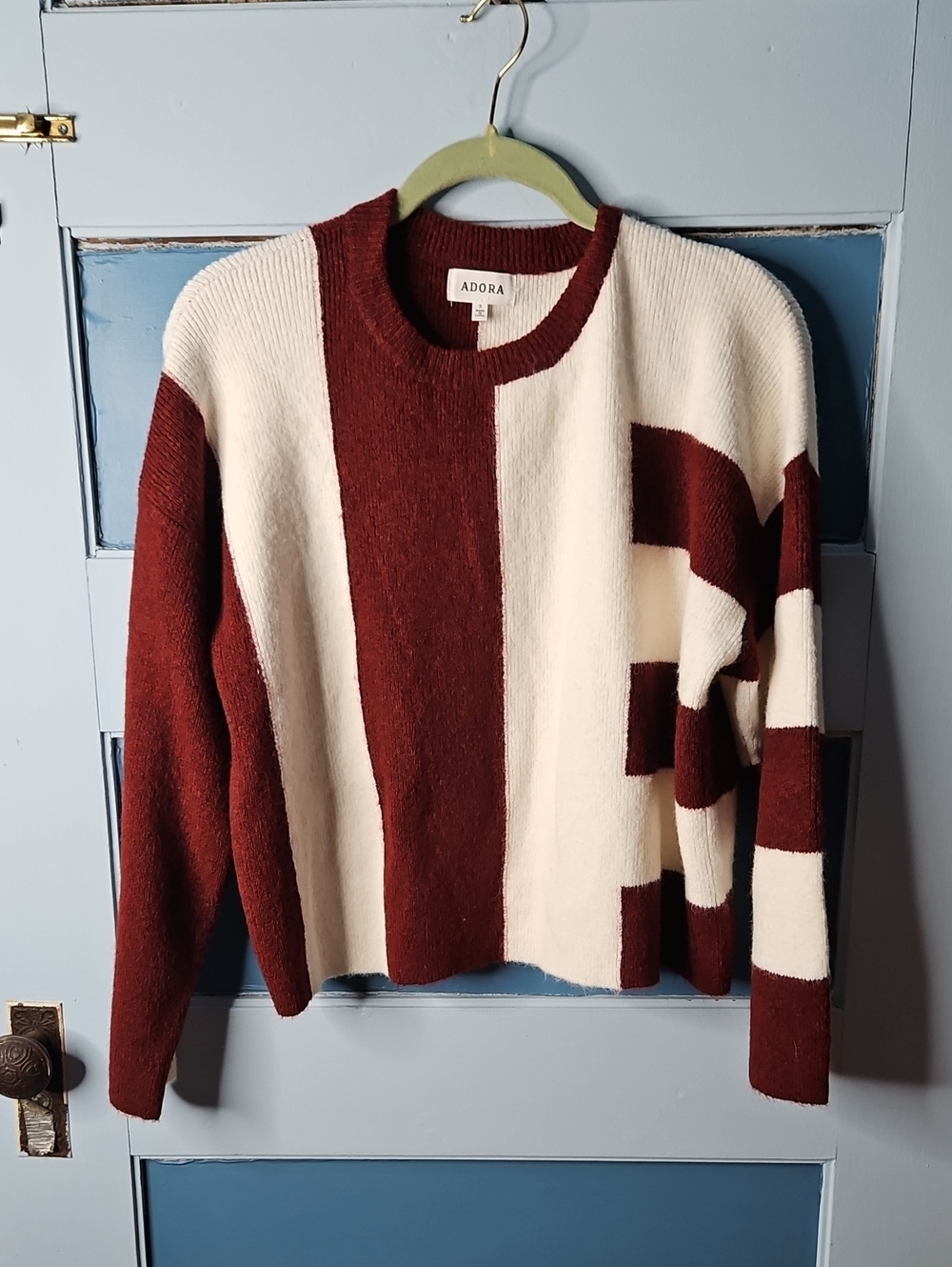 ADORA Cream and Burgundy Vertical Block Crewneck Sweater Small